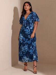 SHEIN BAE Plus Size Women Purple Floral Ruffle Sleeve Dress - Blue - View 5