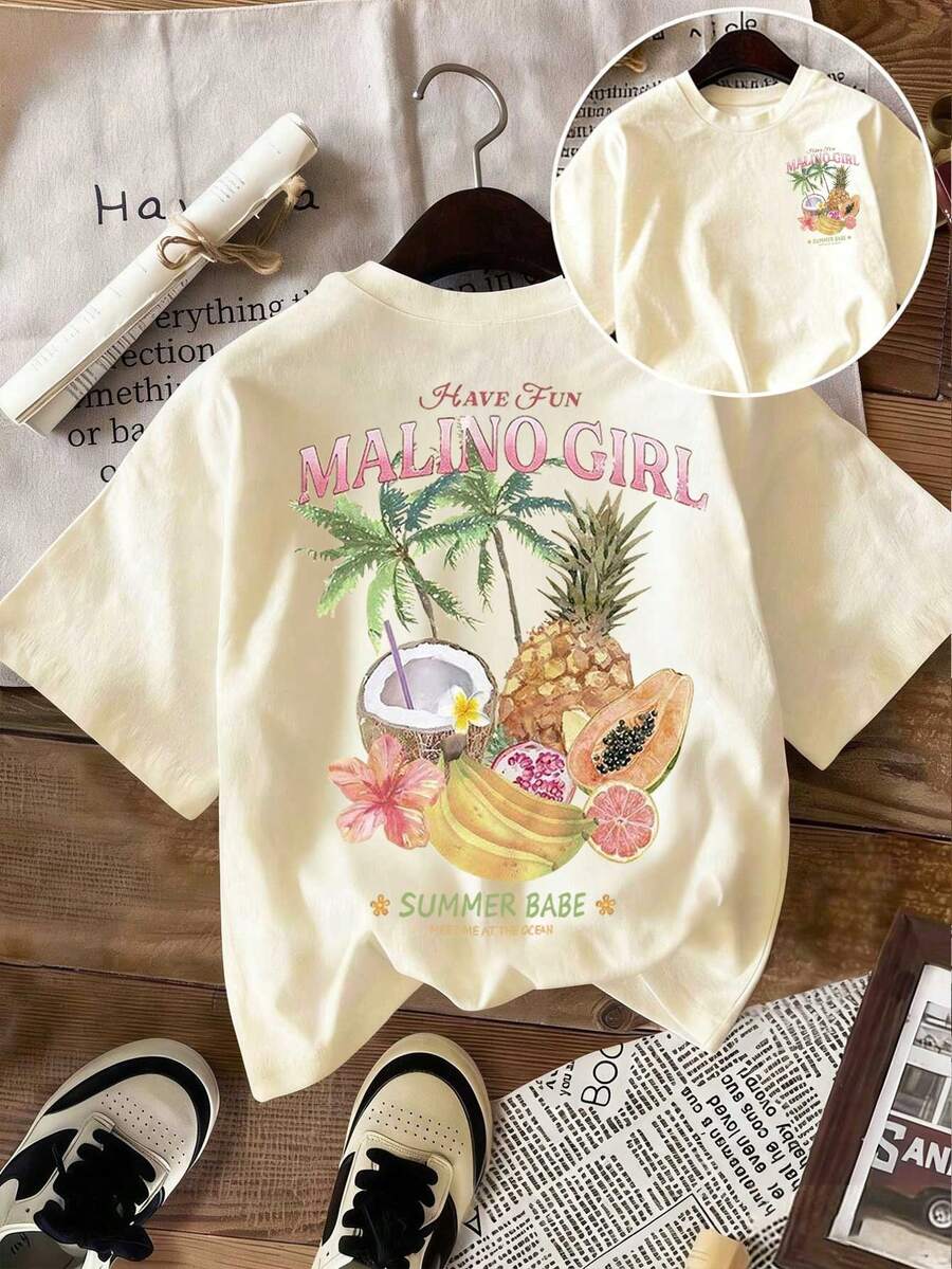 EMERY ROSE Áo thun nữ mùa hè thường ngày, áo thun in hình trái cây nhiệt đới "Malino Girl" - Áo thun kỳ nghỉ Hawaii, áo thun phong cách biển mùa hè. - Màu be - Xem 1