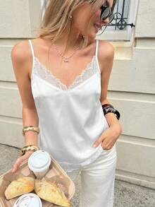 Camiseta de mujer con encaje de contraste, versátil y de moda - Blanco 2 - Ver 6
