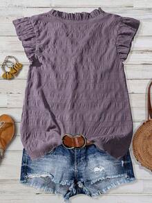 Linhara Plus Size Women's Solid Color Textured V-Neck Ruffle Trim Petal Sleeve Fitted Casual Regular Blouse - Dusty Purple - View 2