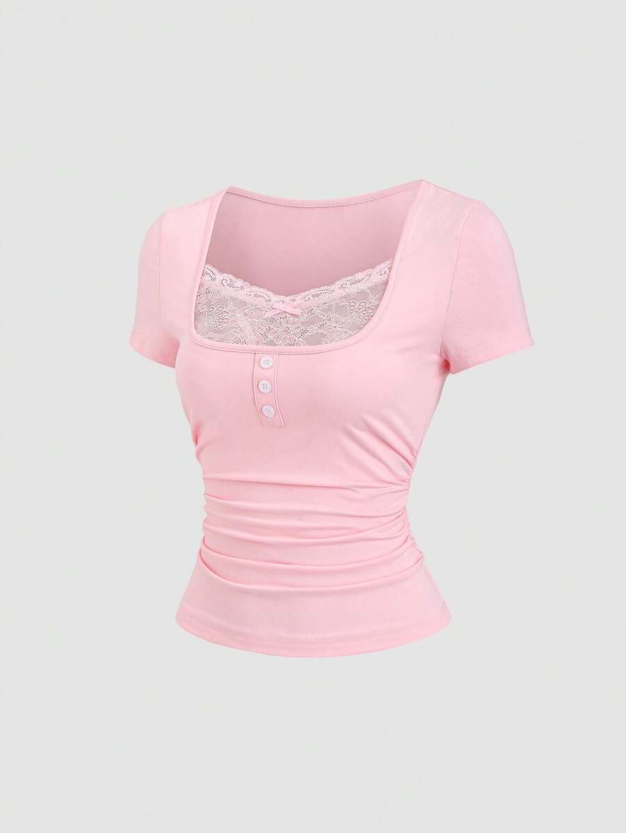 Sweetra Y2K Casual 2 In 1 Collegiate Style Vacation Versatile Top - Pink - View 1