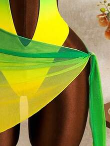 Zestiva 女士性感露背吊带渐变数码印花连体泳衣，配渐变网纱裙摆，春夏秋季海滩度假泳装套装 - 綠色 - 查看 6