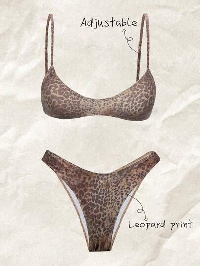 Elavelle Conjunto de bikini de tiras finas y corte alto con estampado aleatorio para mujer, primavera/verano