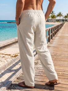 VENTUSAIL Men's Solid Color Casual Linen Pants,Beige Autumn Loose Fit Drawstring Lightweight Beach Vacation Holiday,Old Money Vintage Style,Spring To Summer - Apricot - View 2