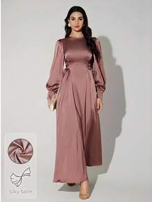 Veilorie Women's Maroon Long Sleeve Elegant Dress, Formal Dress,Fall Modest - Rust Brown - View 2