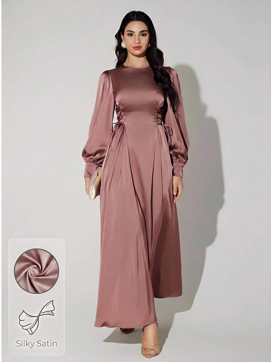 Veilorie Women's Maroon Long Sleeve Elegant Dress, Formal Dress,Fall Modest