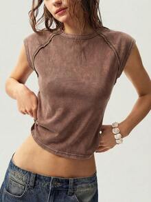 Bohemela Solid Color Knit Crew Neck Fitted Washed T-Shirt For Women - Rust Brown - View 6