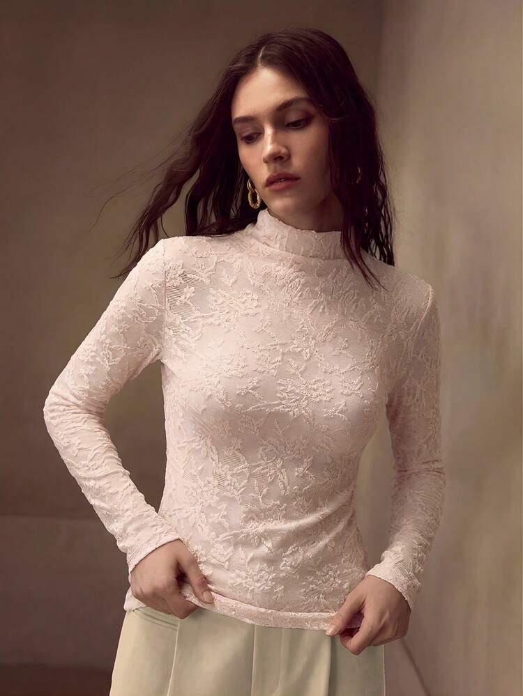ELEGANT LACE LONG SLEEVE VERSATILE SHEER HIGH NECK UNDERSHIRT FOR WOMEN
