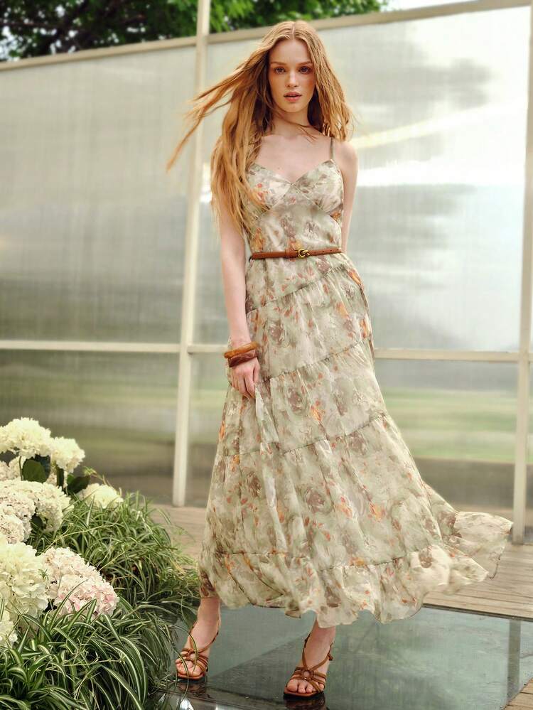 FLORAL PRINT BELTED GREEN CAMISOLE DRESS