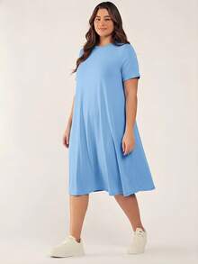SHEIN BASICS Đầm dự tiệc và dạo phố đơn giản, màu trơn dành cho nữ cỡ lớn - Màu xanh lam - Xem 3