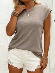EMERY ROSE Camiseta de manga de murciélago de cuello redondo minimalista casual para mujer de talla grande, adecuada para primavera/verano - Rosa vieja - Ver 5
