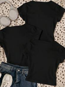 3pcs Tween Girls Y2K Punk Goth Style Wing & Cross Print Black Fitted Short Sleeve T-Shirts, Suitable For Summer, Sports, Fitness, Cheerleading, Party And Other Occasions - Multicolor - View 2