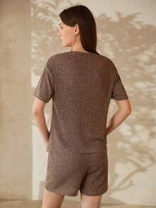 MOTF PREMIUM SOLID RIB-KNIT DROP SHOULDER OVERSIZE TOP & SHORTS LOUNGE SET - Brown - View 3