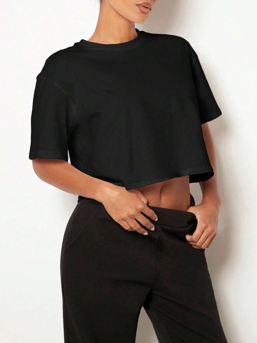SHEIN BASICS 女款素色圓領休閒百搭日常穿搭T恤夏季上衣