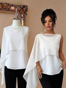 SHEIN Elenzya 优雅女士衬衫，适合假日夏季外出穿着，休闲办公上衣，优雅白色仿两件式设计师衬衫，休闲上衣 - 白色 - 查看 8