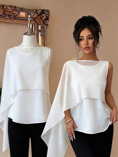 SHEIN Elenzya 优雅女士衬衫，适合假日夏季外出穿着，休闲办公上衣，优雅白色仿两件式设计师衬衫，休闲上衣