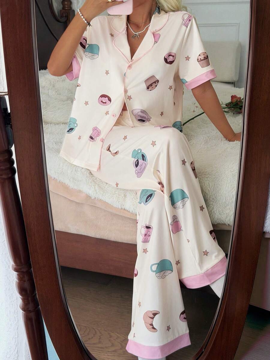 SHEIN 2pcs/Set Girls' Cute Print Short Sleeve Top And Pants Casual Pajamas, Spring/Autumn - Apricot - View 1