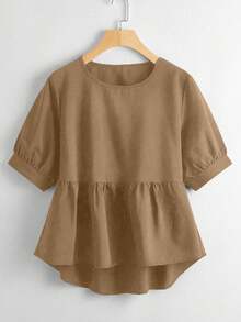 SHEIN Clasi Plus Solid Ruffle High-Low Hem Blouse, For Christmas Peplum Top Date Night Chocolate Brown Summer Elegant - Khaki - View 2