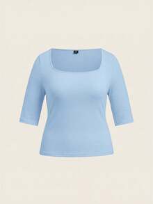 SHEIN BASICS Plus Size Women Solid Color Casual Versatile Daily Dinner Office Short Sleeve T-Shirt Tops For Square Neck Top Plain Light Blue Summer - Blue - View 7