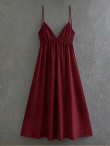 女士纯色露背休闲吊带夏季连衣裙 - 酒紅色 - 查看 4