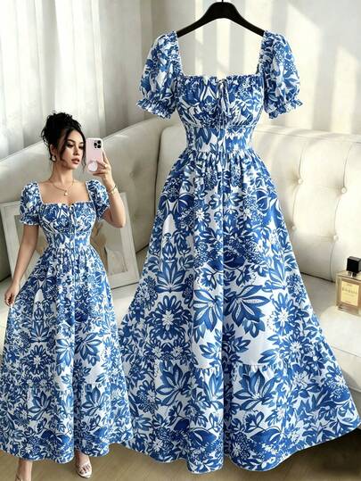 Elenzga Đầm hoa tay phồng buộc dây phía trước, lưng hở, thắt eo, kiểu dáng thanh lịch và duyên dáng, thích hợp cho kỳ nghỉ hoặc những buổi hẹn hò thường ngày.