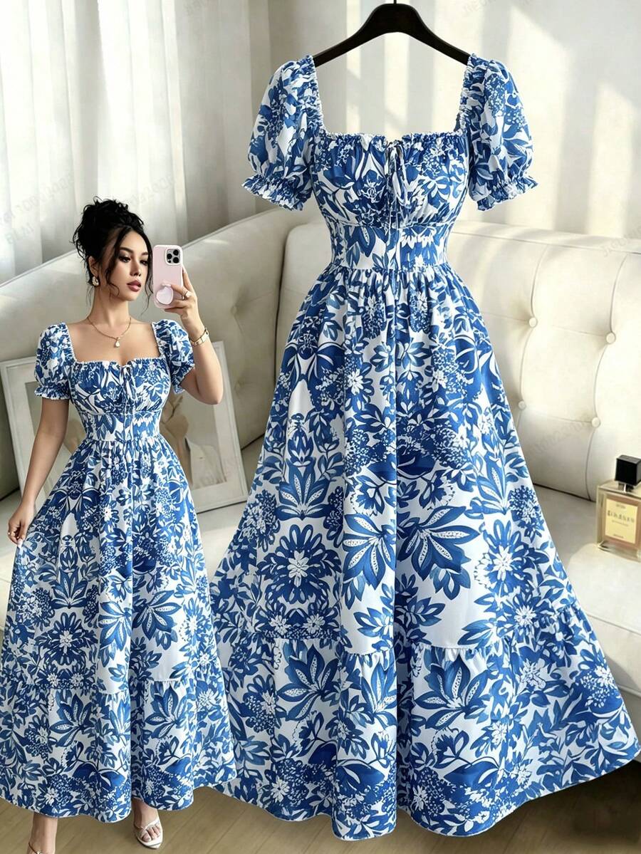 Elenzga 新款印花泡泡袖系带露背收腰连衣裙，优雅迷人，适合度假、休闲约会。 - 藍色 - 查看 1