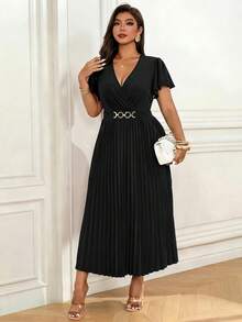 Femmeverse Vestido de unicolor con cuello en V elegante, mangas acampanadas, plisado y decoración de botones para mujer de talla grande - Negro - Ver 5