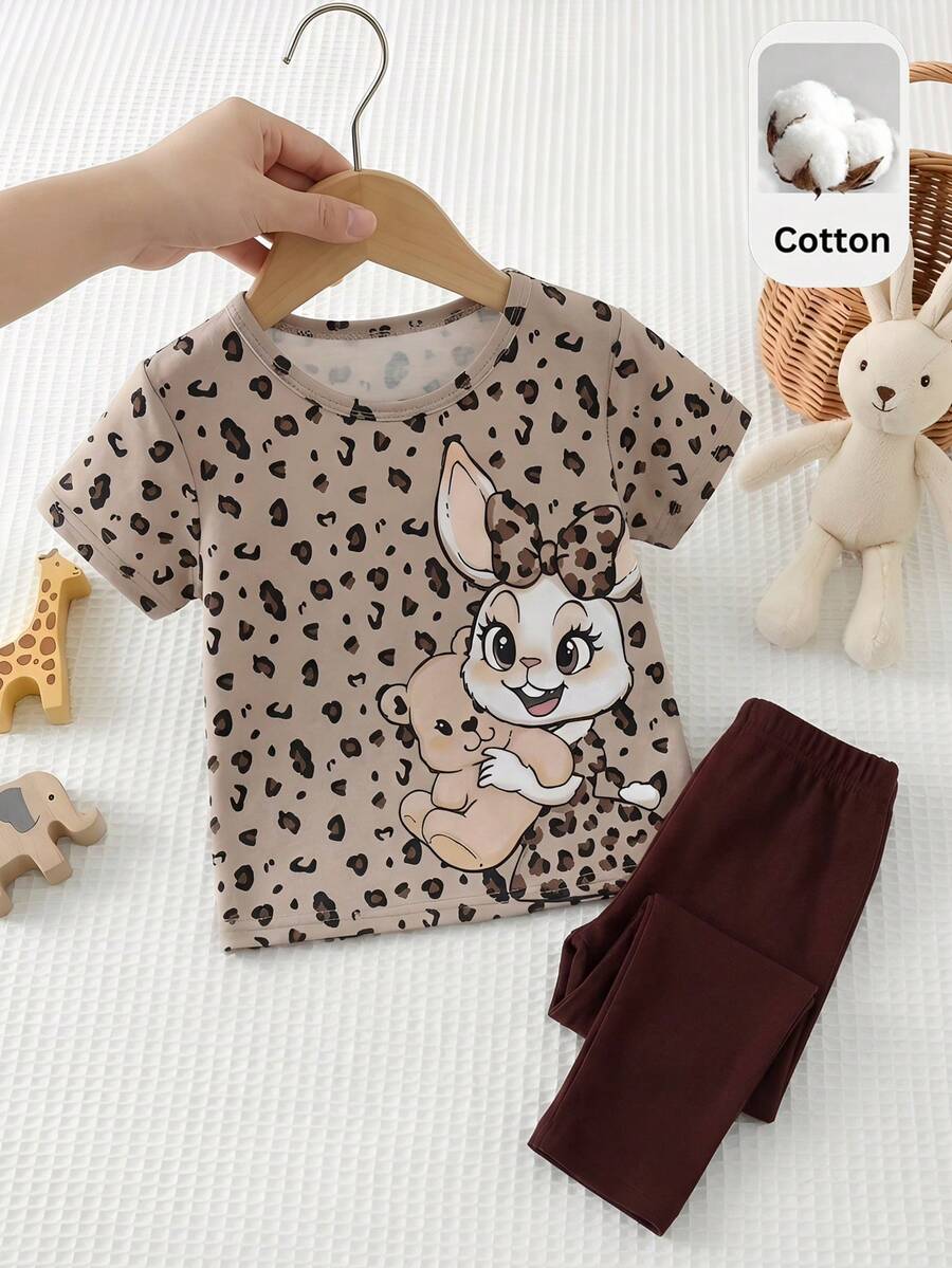 Cozy Pixies Bộ áo thun ngắn tay in hình thỏ và gấu hoạt hình dễ thương cho bé gái - Nhiều màu - Xem 1