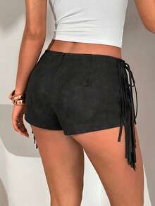 Aloruh Quần short da PU phong cách Bohemian mới dành cho nữ mùa xuân/hè, màu đen đậm và xám nhuộm tie-dye, quần short siêu ngắn bó sát có tua rua. - màu đen - Xem 2