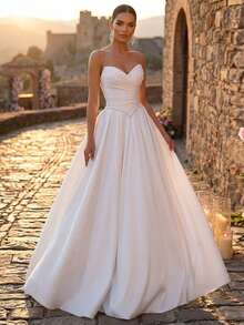 Elegant Luxurious Satin Ruched Extra-Wide Hem Sexy Strapless Dress, Suitable For Weddings, Events, Bachelorette Parties, Vacations, Galas, Holidays - Beige - View 1