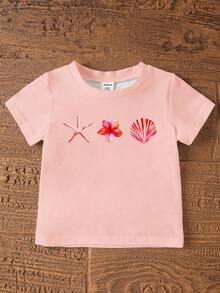 1 Set Young Girls 2pcs Outfit, Pink Cute Ocean Creature, Shell, Bow Print Loose Round Neck Short Sleeve T-Shirt And Fitted Bike Shorts Set, Suitable For Spring/Summer, Casual, Beach, Weekend, Adorable Summer T-Shirt Set - Multicolor - View 6