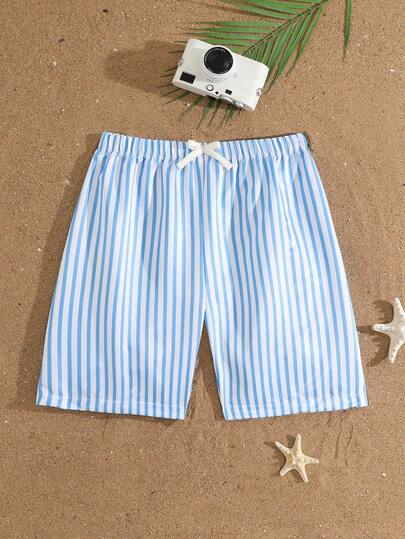 SHEIN Teen Boys Swimwear, Casual Blue & White Vertical Striped Print Knit Fabric, Loose Waistband With Decorative Rope, Regular Fit Beach Shorts, Fashionable Relaxed Style Suitable For Swimming, Summer Beach, Holiday, Pool Party