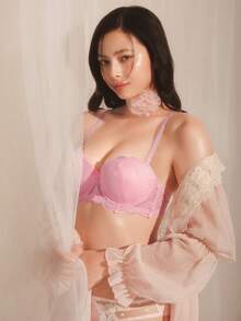 DelicateAllure Women's Lace Underwire Bra With Non-Removable Padded Cups, 1/2 Cup - Pink - View 5