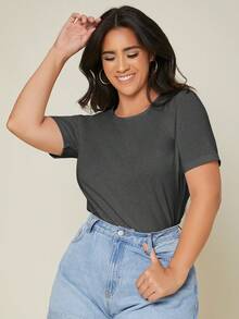 SHEIN BASICS 大码纯色圆领短袖休闲百搭T恤 - 深灰色 - 查看 3