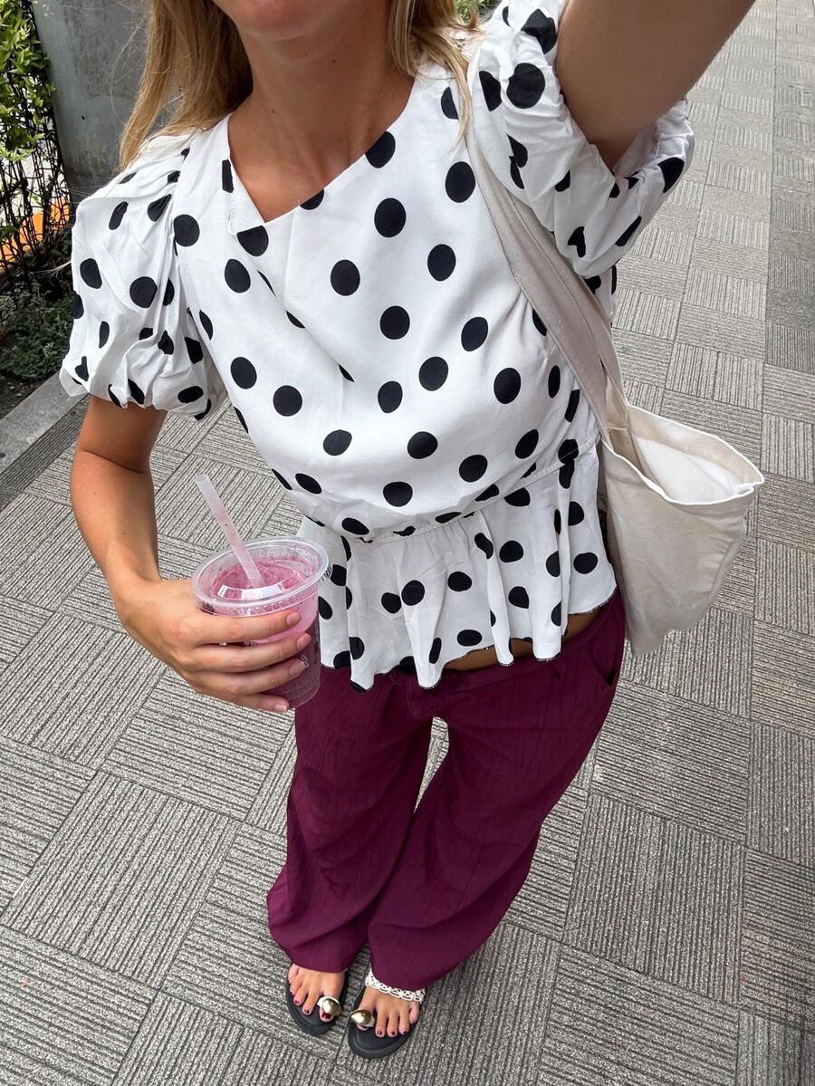 Serisse Women's Polka Dot Pattern Backless Tie Front Blouse With Puff Sleeves, Suitable For Vacation - Black and White - View 1