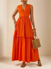 Vesra Sleeveless V-Neck Orange Layered Pleated Patchwork Dress, Elegant Vacation Style, Flattering For Summer - Orange - View 3