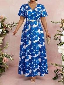 Fleurora Plus Size Contrast Color Print Short Sleeve Dress Women Holiday Dress Women's Summer Dresses Women Casual Dresses Women's Spring Dress Long Casual Dresses For Woman Long Summer Dresses For Women Santorini Outfit For Women - Multicolor - View 1