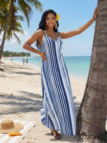 SHEIN Lady Women's Vacation Striped Casual Dress,Summer Dresses For Women Vacation Outfits Women Casual Dresses Beach Dress,Dresses For Women Summer - Blue - View 6
