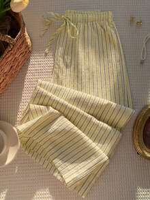 Comfortcana 2 chiếc quần dài màu xanh dương và vàng, quần ống rộng dệt sọc vàng chấm bi kiểu lễ hội âm nhạc, quần chấm bi xanh dương, mùa hè, quần áo nữ mùa hè, trang phục nữ mùa xuân hè. - Nhiều màu - Xem 5