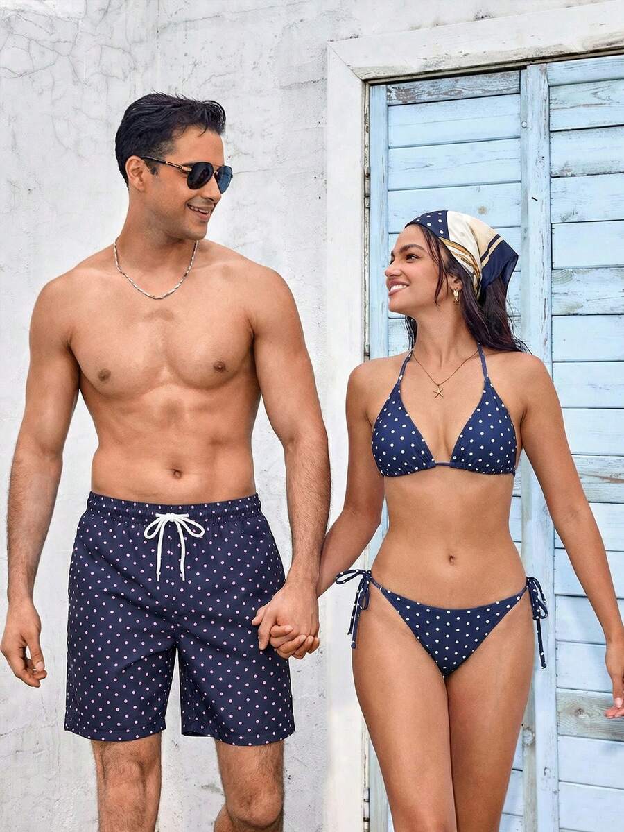 Azuldrift Pantalones cortos casuales de playa con cordón y estampado de lunares para hombres - Morado - Ver 1