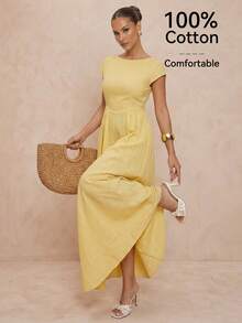 Lumalex Đầm hở lưng màu trơn thanh lịch dành cho nữ, thích hợp cho mùa hè. - Màu vàng - Xem 4