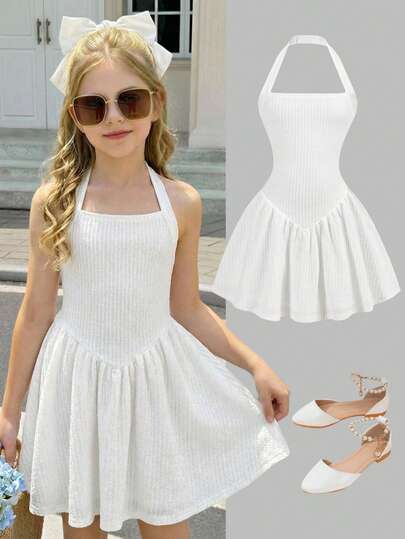 Girlism 少女休闲优雅白色纯色针织吊带修身A字连衣裙，适合情人节、派对、外出、返校等场合穿着