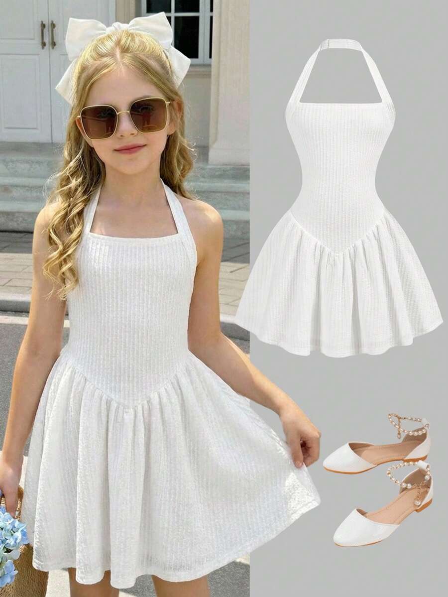 Girlism Đầm chữ A ôm sát, dây mảnh, màu trắng trơn, chất liệu dệt kim, kiểu dáng thanh lịch, dành cho bé gái tuổi teen, thích hợp cho ngày Valentine, tiệc tùng, đi chơi, hoặc mặc đi học. - trắng - Xem 1