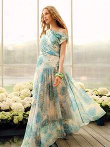 MOTF PREMIUM 女士网纱印花不对称肩部收腰长款连衣裙 - 綠色 - 查看 5