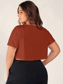 SHEIN BASICS 大码女式纯色简约短袖T恤，休闲日常穿着 - 鏽棕色 - 查看 2