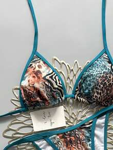 SHEIN Swim Vcay Bộ bikini hai mảnh cổ yếm dành cho nữ, họa tiết da báo, có tua rua, thích hợp cho kỳ nghỉ biển. - Nhiều màu - Xem 3