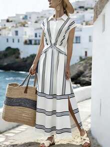 SHEIN Holidaya 女士条纹休闲简约连衣裙，适合度假 - 黑與白 - 查看 3