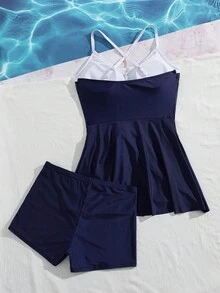 Swim Lushoire New Plus Size Women's Blue V-Neck Adjustable Strap Bikini Set, High Waist Tankini Top And Shorts Two Pieces Swimsuit - Blue - View 8
