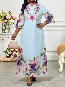 SHEIN Lady 休閒漫畫條漫與花卉印花女款長洋裝 2025 夏季新款大尺碼中長洋裝 淺藍色花卉印花洋裝 婚禮新娘派對婚禮適用 - 彩色 - 查看 3