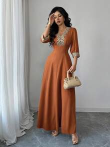 Elenzga New Fashionable Women's Apricot V-Neck Puff Sleeve Embroidered Pearl Decor Fitted Midi Dress, Suitable For Daily Wear, Wedding, Formal Dinner, Commute, Graduation Party, Holidays, Vacation, Date, Party, Halloween, Christmas, New Year, Thanksgiving, Wedding - Brown - View 4